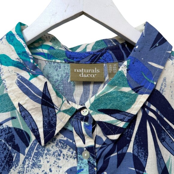 Denim & Co. Naturals Linen Blend Shirt Womens 2X Blue Tropical Print Top - Picture 3 of 9